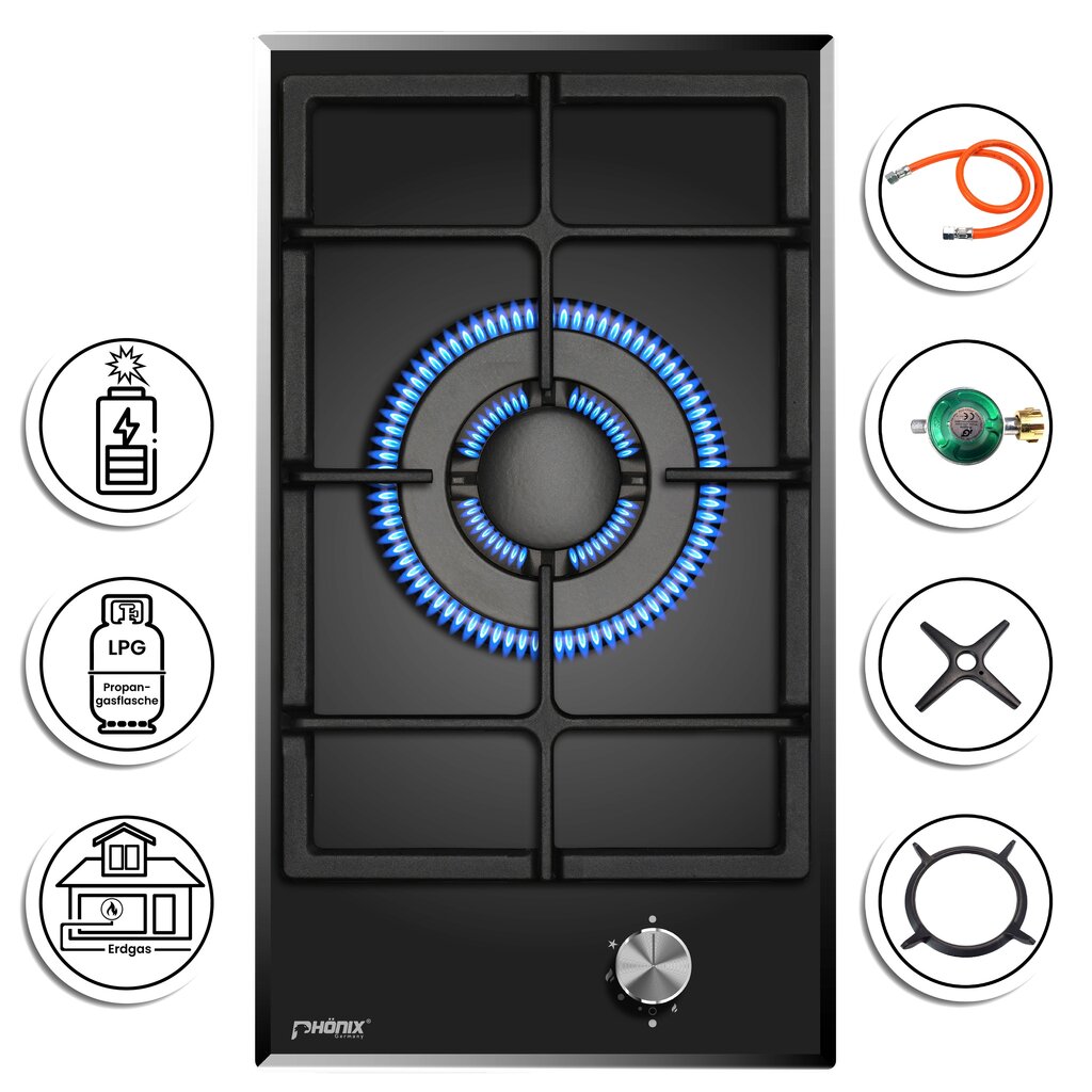 Phönix 101GBT Gaskochfeld Glas Gaskocher 1 flammig Wok, Propan /H-Gas