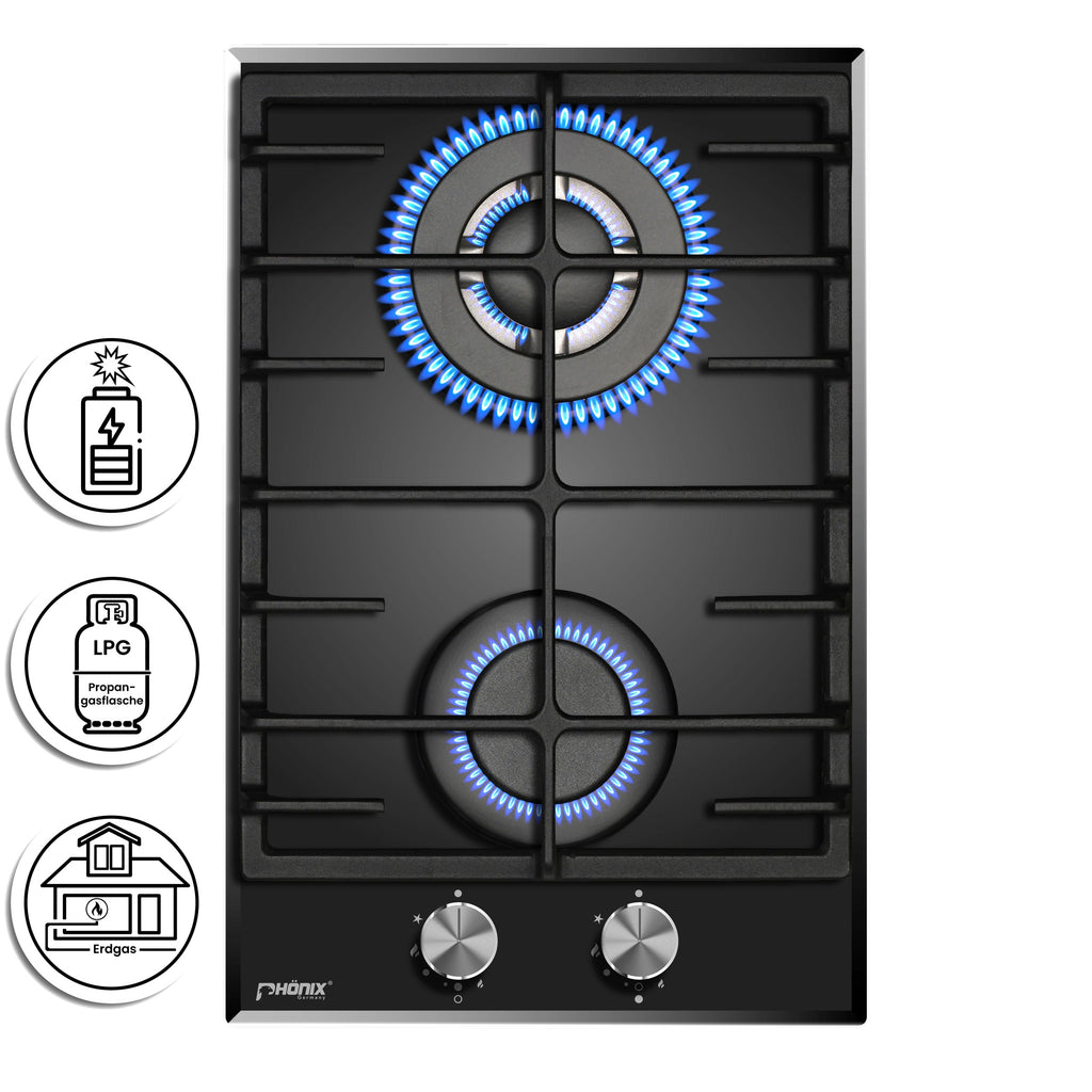 Phönix 112GBT Gaskochfeld Glas Gaskocher 2 flammig, Propan /H-Gas +Set