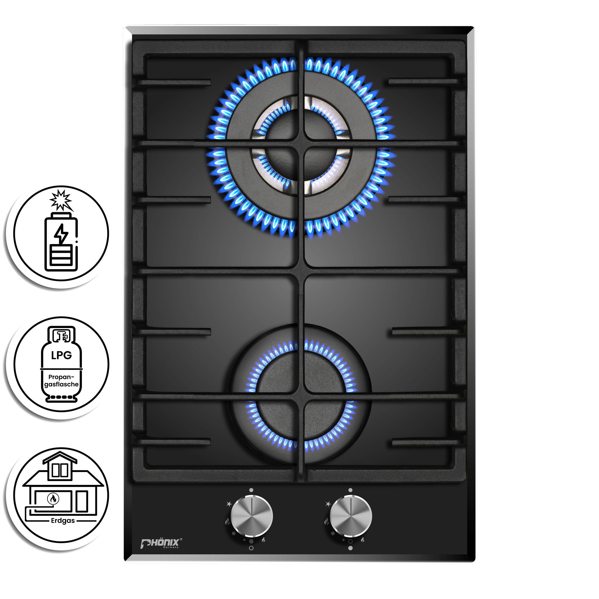 Phönix 112GBT Gaskochfeld Glas Gaskocher 2 flammig, Propan /H-Gas +Set