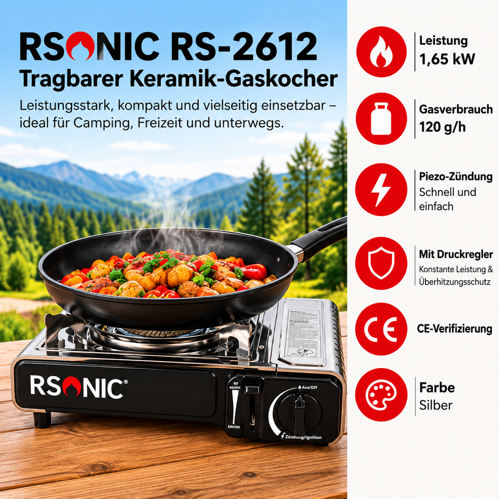 Rsonic Keramik Camping Gaskocher Campingkocher, Piezo, Windschutz inkl. Koffer