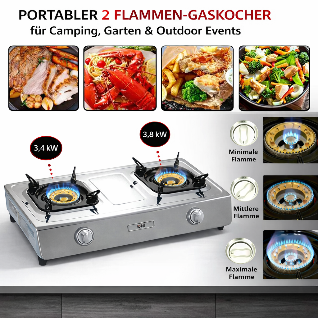 NSD-2 Edelstahl Gaskocher 2 flammig mit Zündsicherung Campingkocher