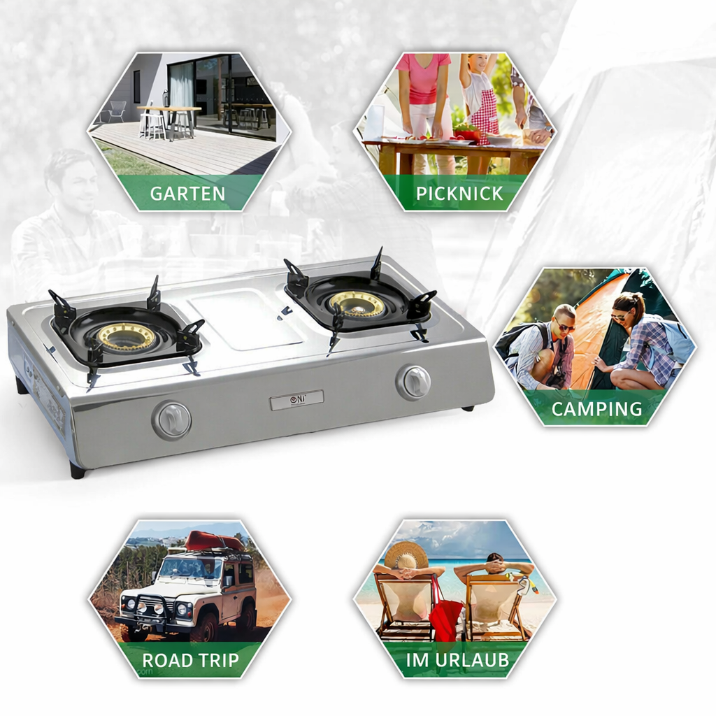 NSD-2 Edelstahl Gaskocher 2 flammig mit Zündsicherung Campingkocher