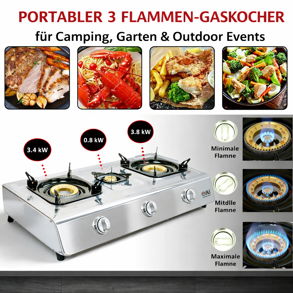 NGB-300 Edelstahl Gaskocher 3 flammig Campingkocher Propangas