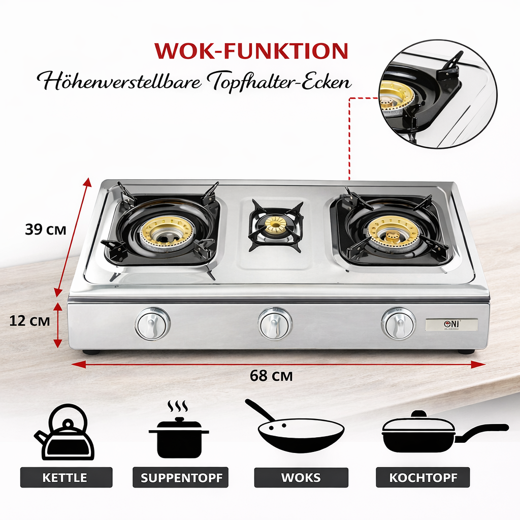 NGB-300 Edelstahl Gaskocher 3 flammig Campingkocher Propangas
