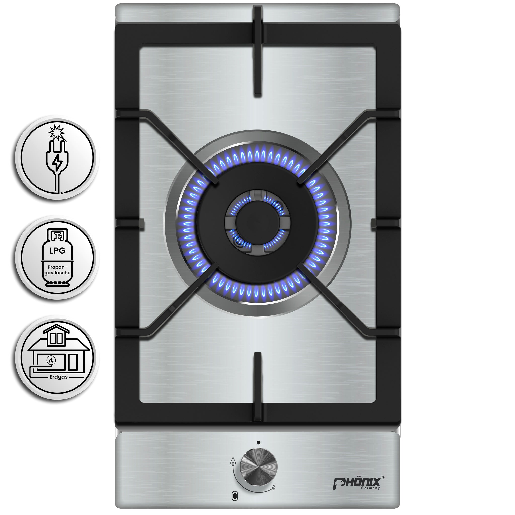 Phönix 301SL Gaskochfeld Edelstahl 1 flammig 4 KW, Propan / H-Gas