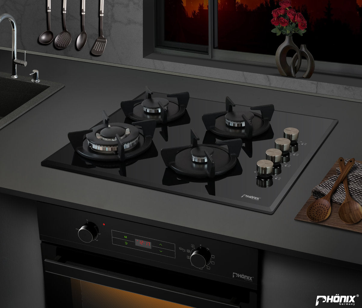 Phönix PG-604ST Einbau Gaskochfeld 4 flammig Glas Gaskocher + Zubehör