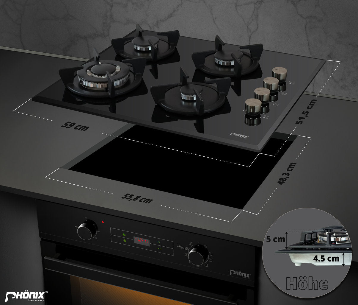 Phönix PG-604ST Einbau Gaskochfeld 4 flammig Glas Gaskocher + Zubehör