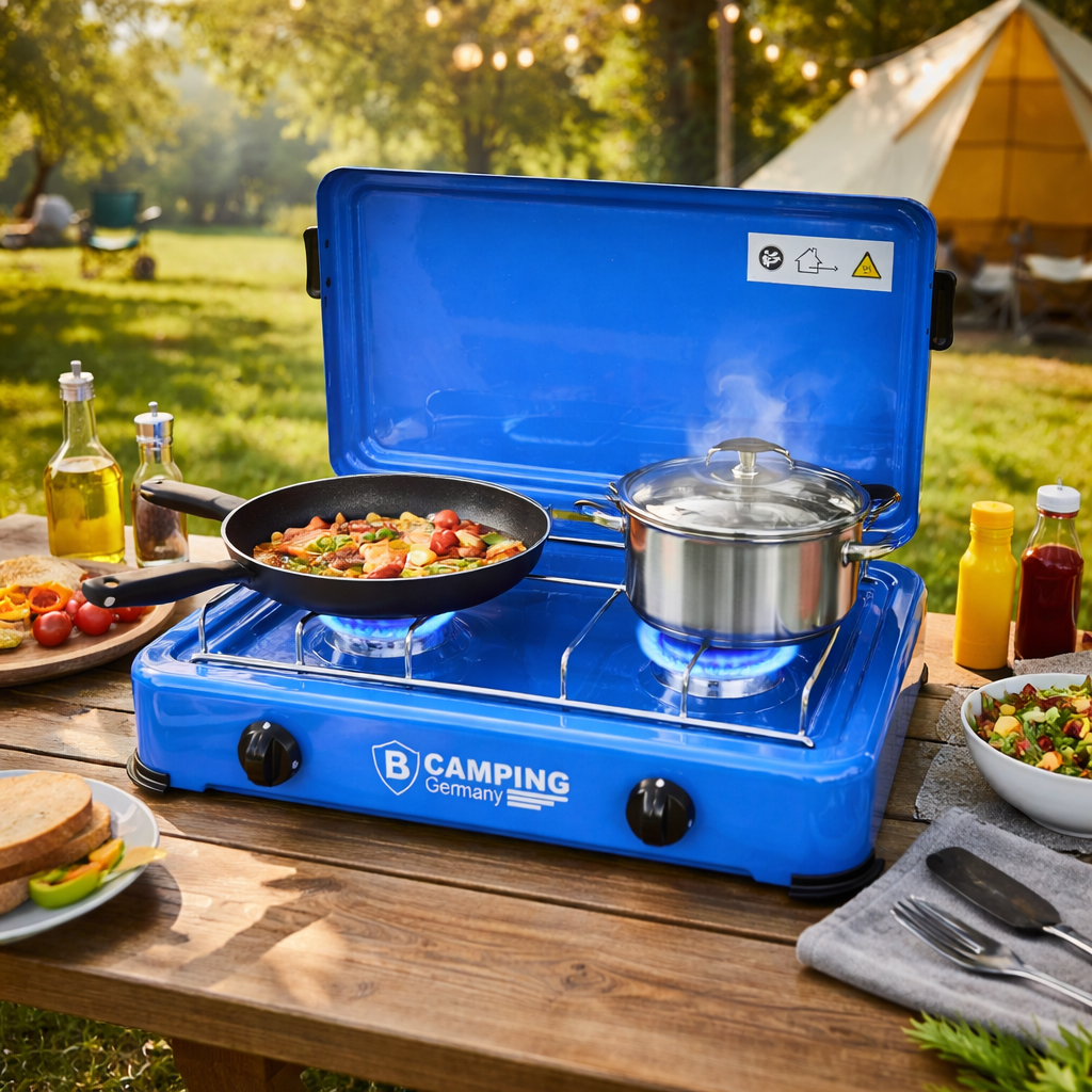 Propan Gaskocher 2 flammig Campingkocher 2,9 KW mit Deckel