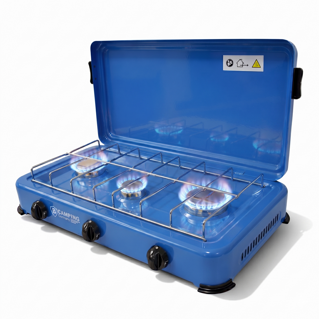 Propane gas stove, 3-burner camping stove, 3.7 kW with lid