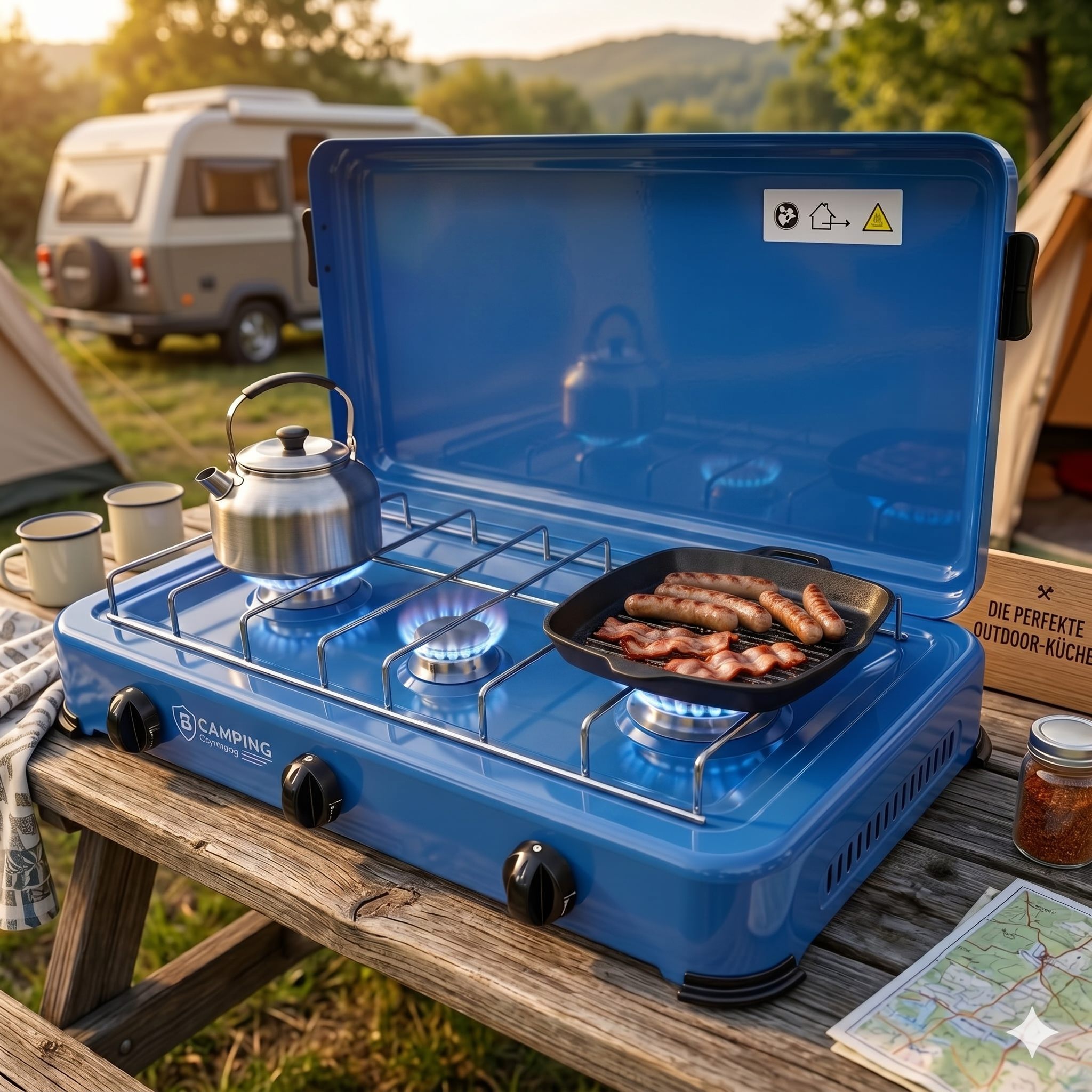 Propan Gaskocher 3 flammig Campingkocher 3,7 KW mit Deckel