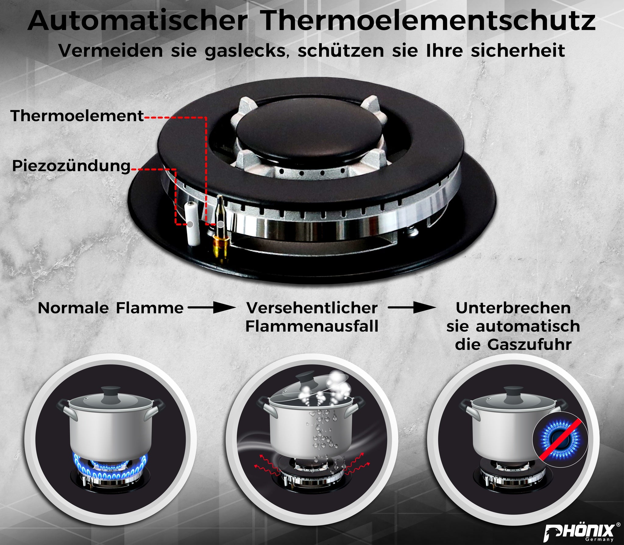 Phönix PS-905L Gaskochfeld Inox Gaskocher 5 flammig Propan /H-Gas