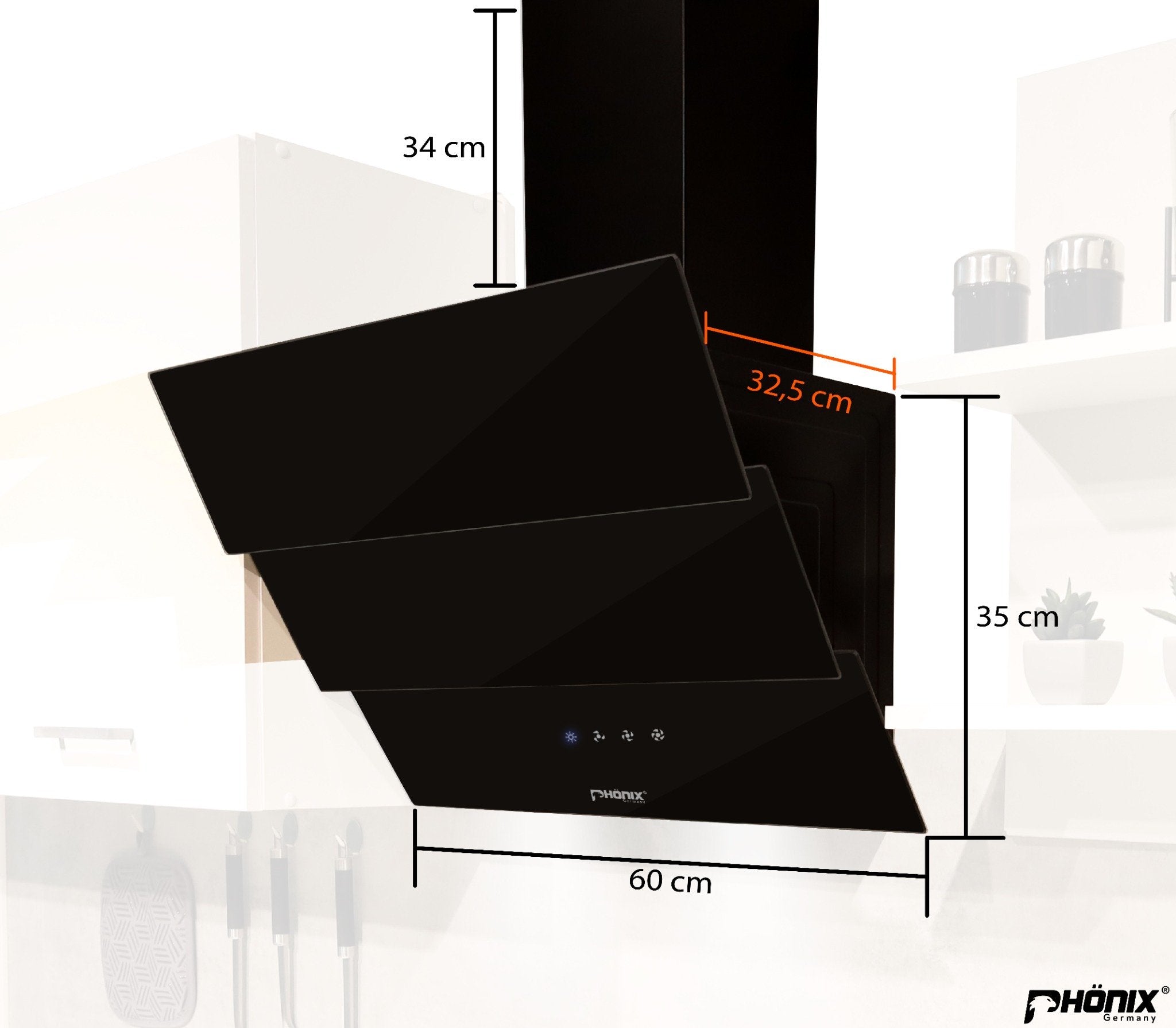 Phönix PHD-60GT Kopffrei Dunstabzugshaube 60cm Wandhaube Abluft Umluft