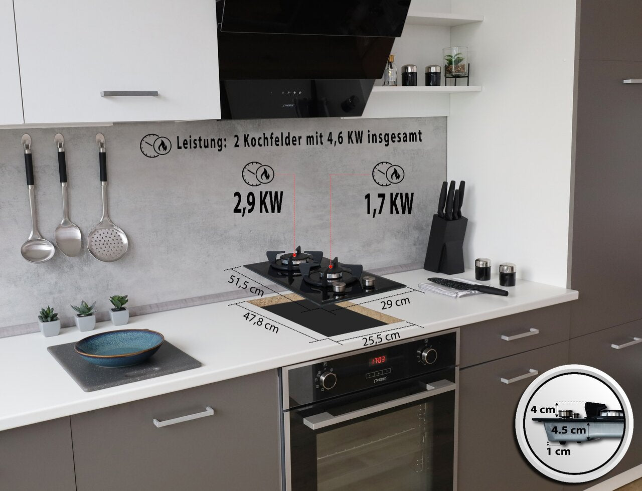 Phönix Domino-GT Gaskochfeld Glas 2 flammig Autark + Set Propan /H-Gas