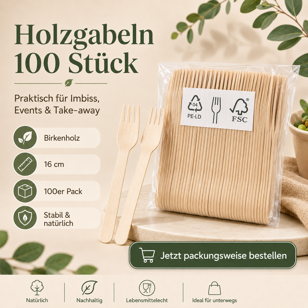 Holzgabeln 100 Stück – Einweg-Gabeln aus Birkenholz 16 cm