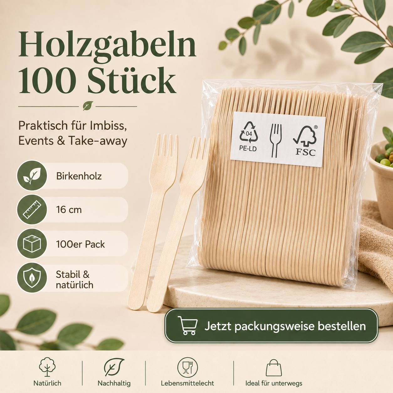 Holzgabeln 100 Stück – Einweg-Gabeln aus Birkenholz 16 cm