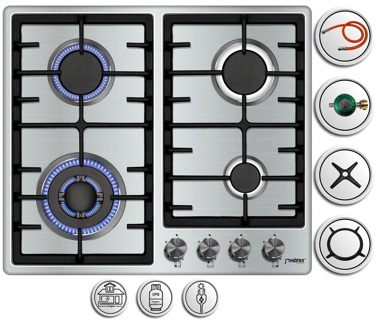 Phönix PS-603T Gaskochfeld 4 flammig Edelstahl Gaskocher Einbauherd