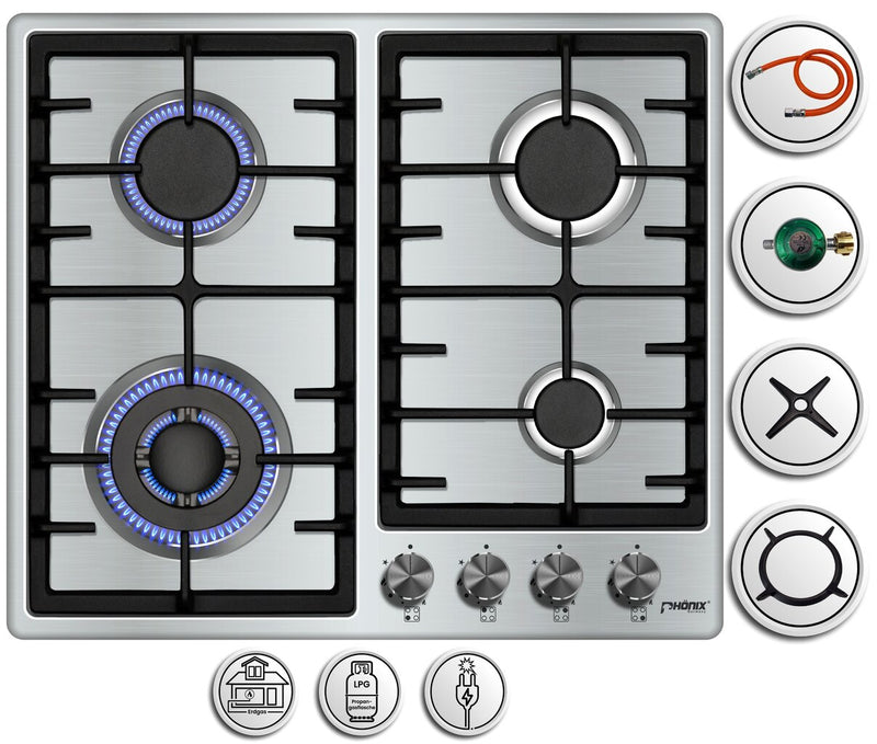 Phönix PS-603T Gaskochfeld 4 flammig Edelstahl Gaskocher Einbauherd