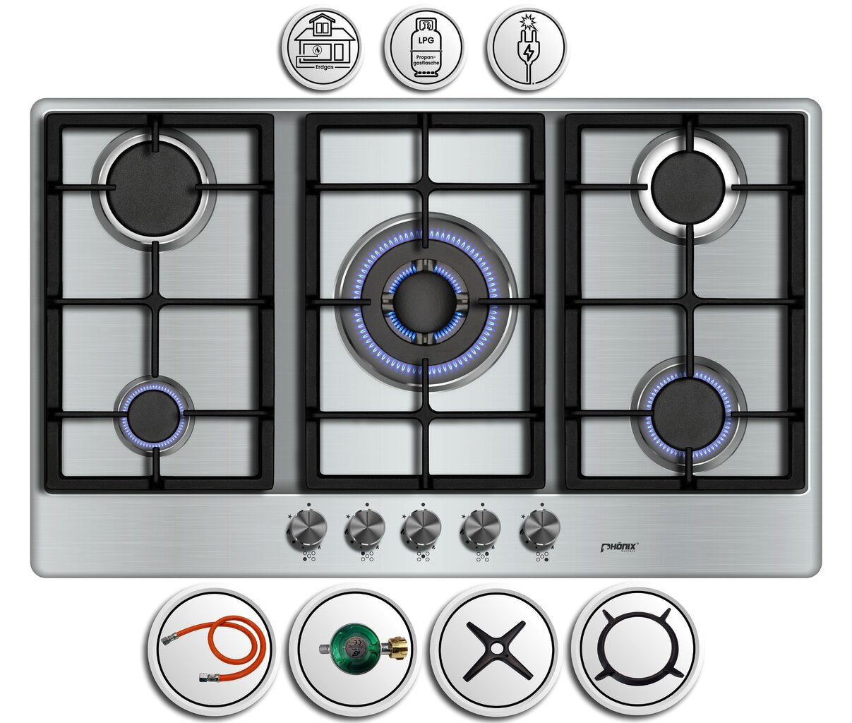 Phönix PS-901T Gaskochfeld Gaskocher 5 flammen Edelstahl Propan /H-Gas