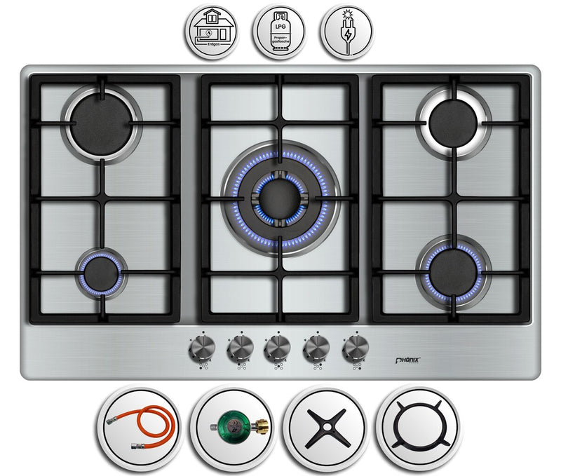 Phönix PS-901T Gaskochfeld Gaskocher 5 flammen Edelstahl Propan /H-Gas