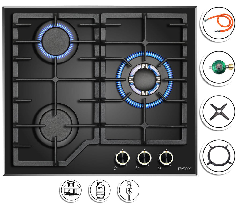 Phönix PG-631T Gaskochfeld 3 flammig Glas Gaskocher Propan /H-Gas +Set