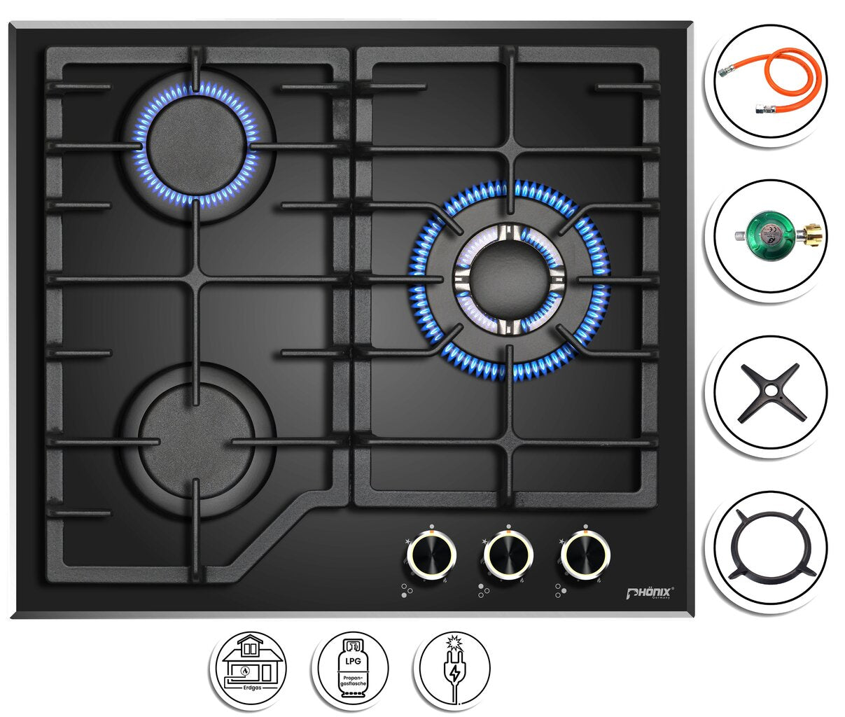 Phönix PG-631T Gaskochfeld 3 flammig Glas Gaskocher Propan /H-Gas +Set