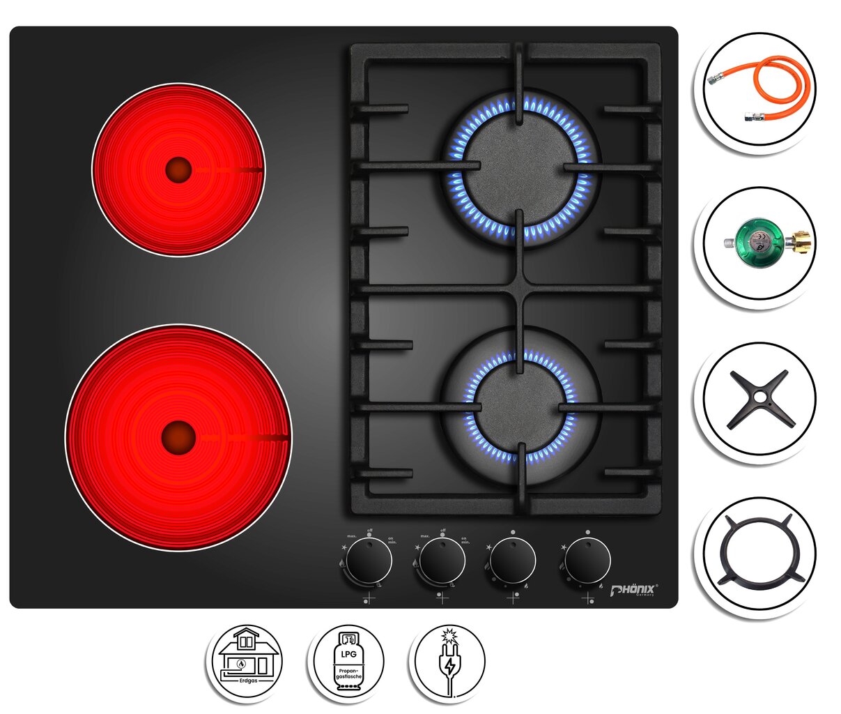 Phönix PG-604ET kombi Gaskochfeld 4 flammig Glaskeramik Kochfeld + Set