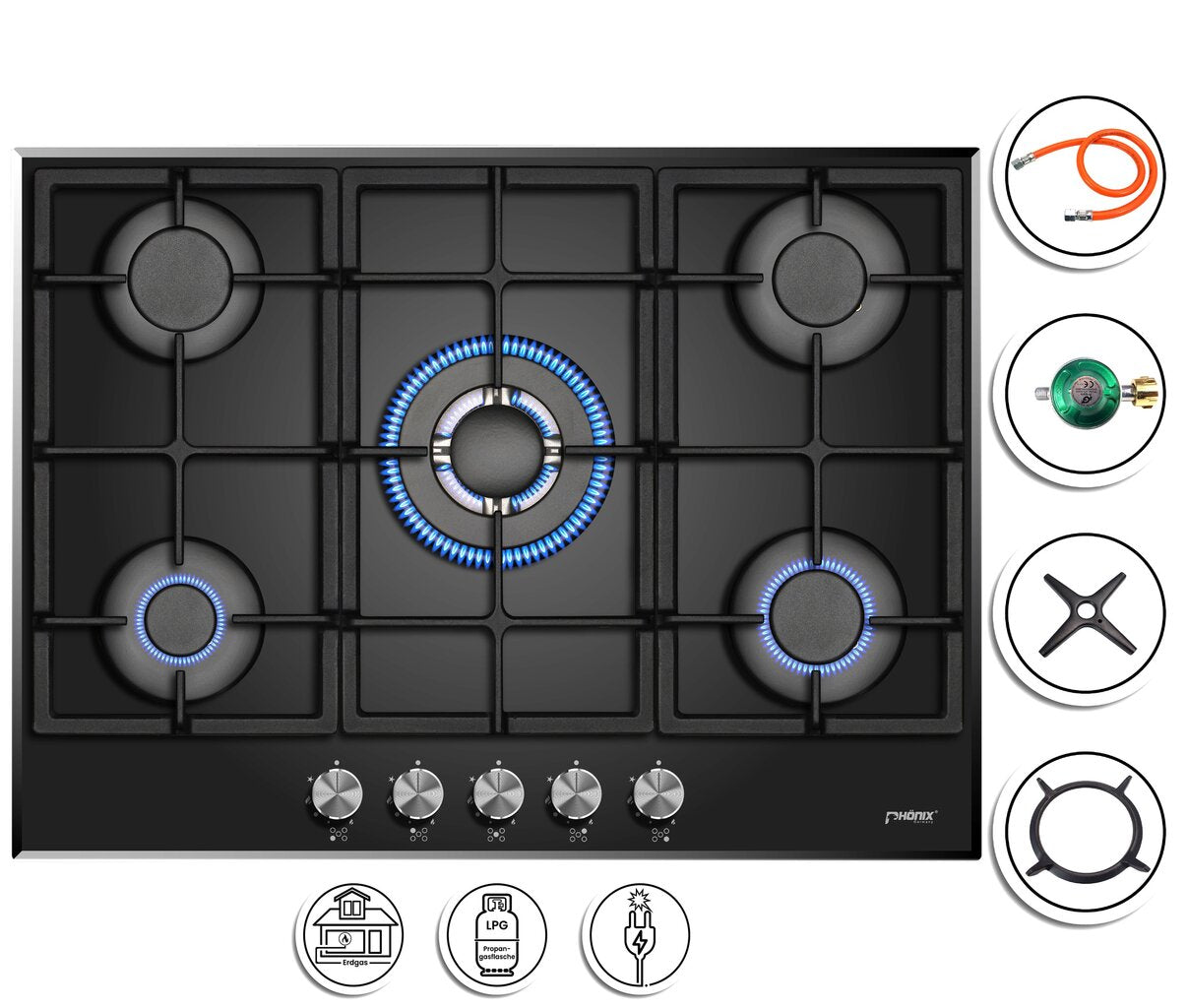 Phönix PG-701T Gaskochfeld 5 flammig Glas Einbauherd LPG /Erdgas