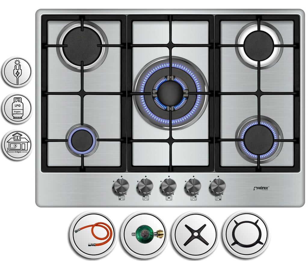 Phönix PS-701T Gaskochfeld 5 flammig Edelstahl Propan /H-Gas