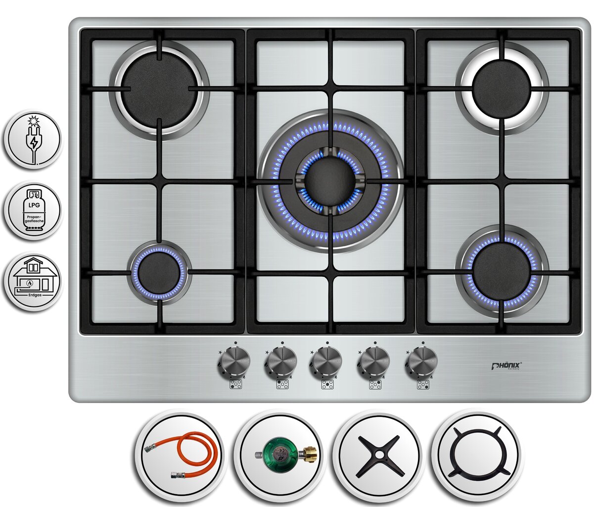 Phönix PS-701T Gaskochfeld 5 flammig Edelstahl Propan /H-Gas