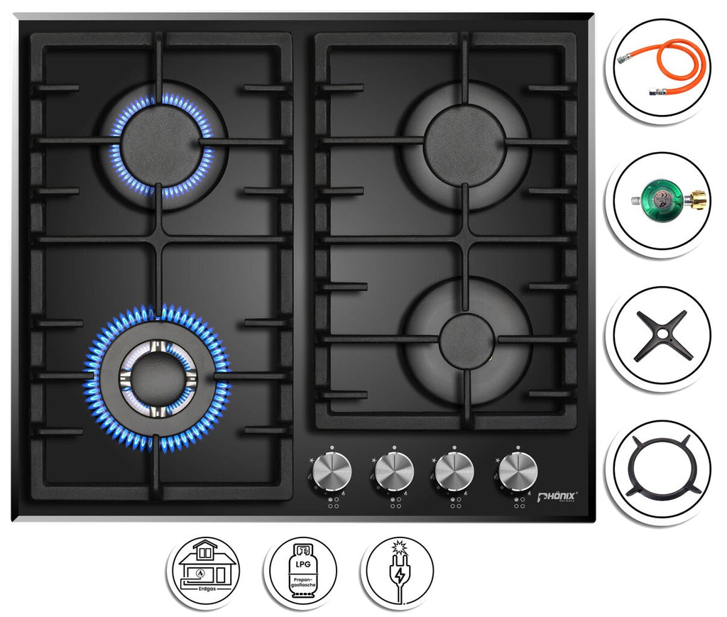 Phönix PG-603T Gaskochfeld 4 flammig Glas Einbauherd Propan /H-Gas