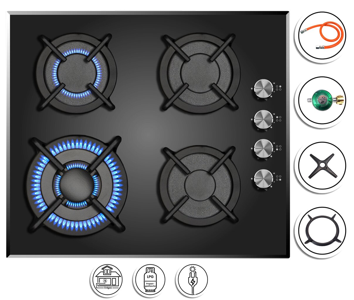 Phönix PG-604ST Einbau Gaskochfeld 4 flammig Glas Gaskocher + Zubehör
