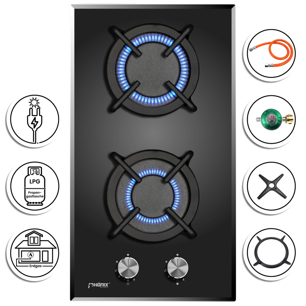 Phönix Domino-GT Gaskochfeld Glas 2 flammig Autark + Set Propan /H-Gas