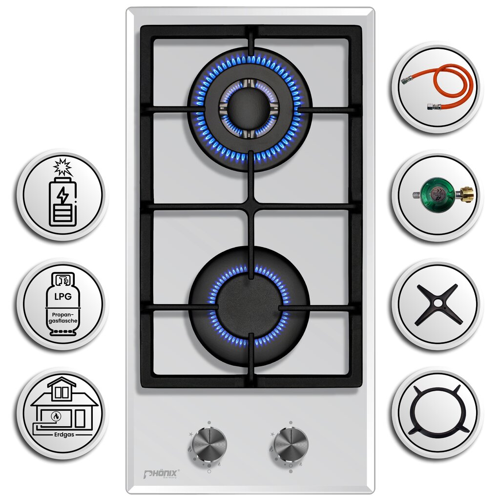 Phönix Domino-GW Gaskochfeld Weiß Glas 2 flammig Autark Propan /H-Gas