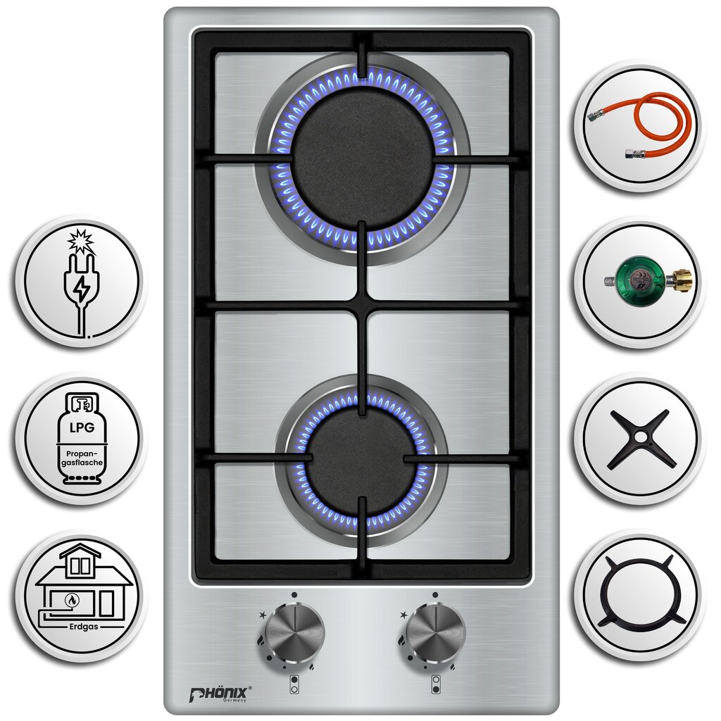 Phönix Domino-ST Gaskochfeld Edelstahl Gaskocher 2 flammig Propan +Set