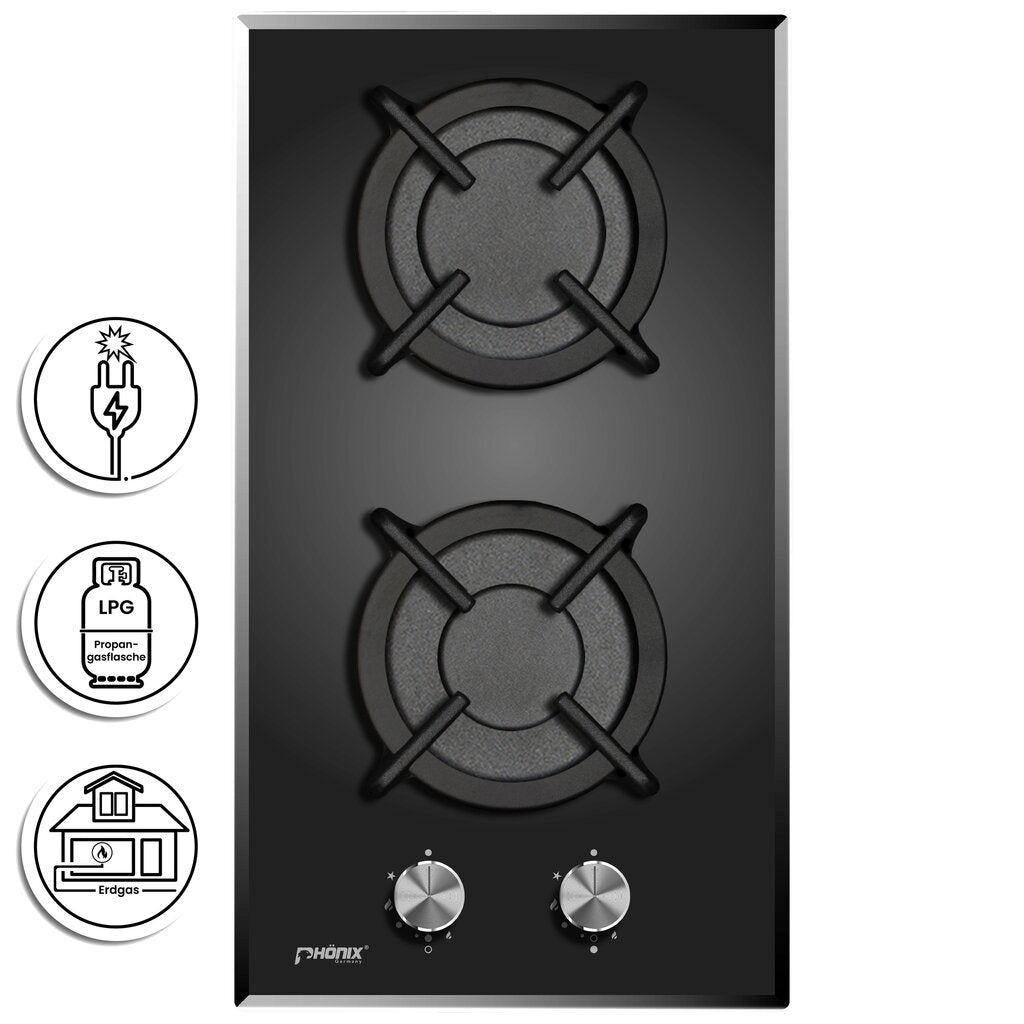 Phönix Domino-GT Gaskochfeld Glas 2 flammig Autark + Set Propan /H-Gas