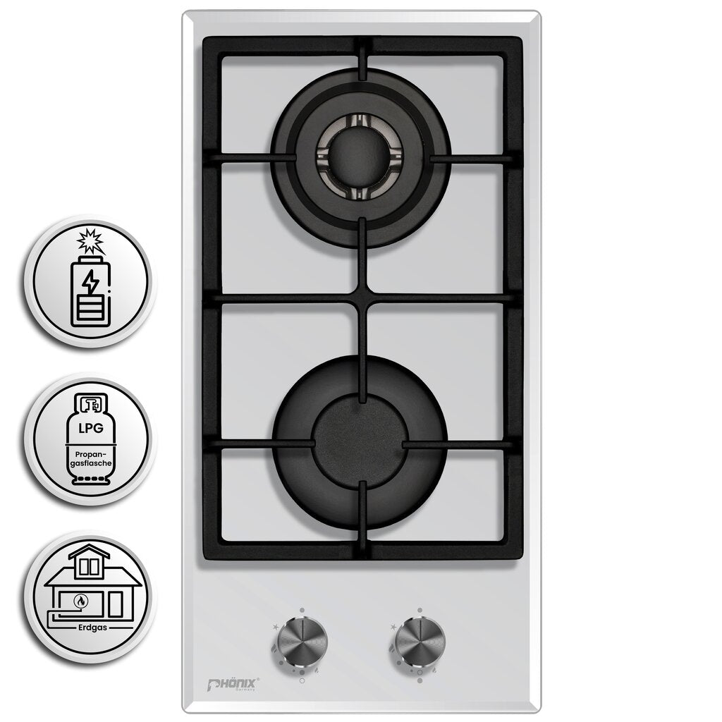 Phönix Domino-GW Gaskochfeld Weiß Glas 2 flammig Autark Propan /H-Gas