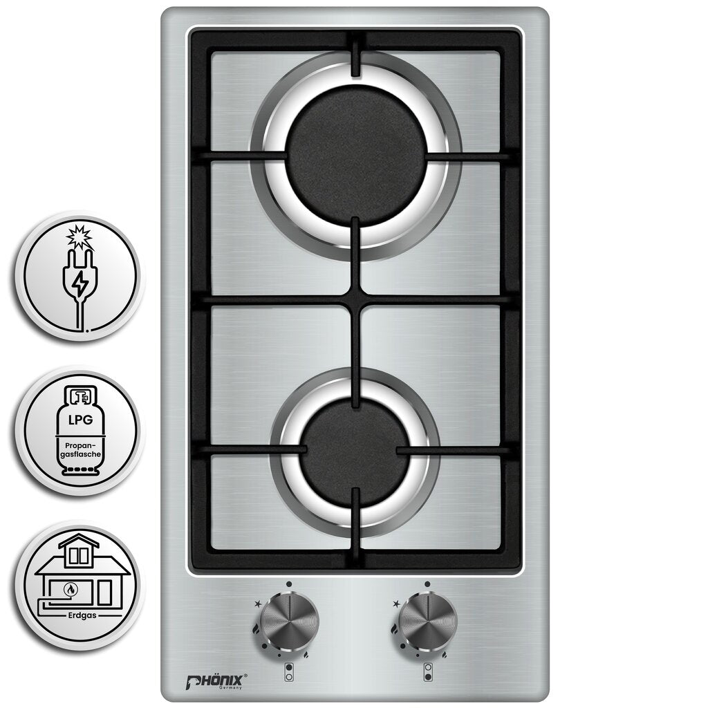Phönix Domino-ST Gaskochfeld Edelstahl Gaskocher 2 flammig Propan +Set