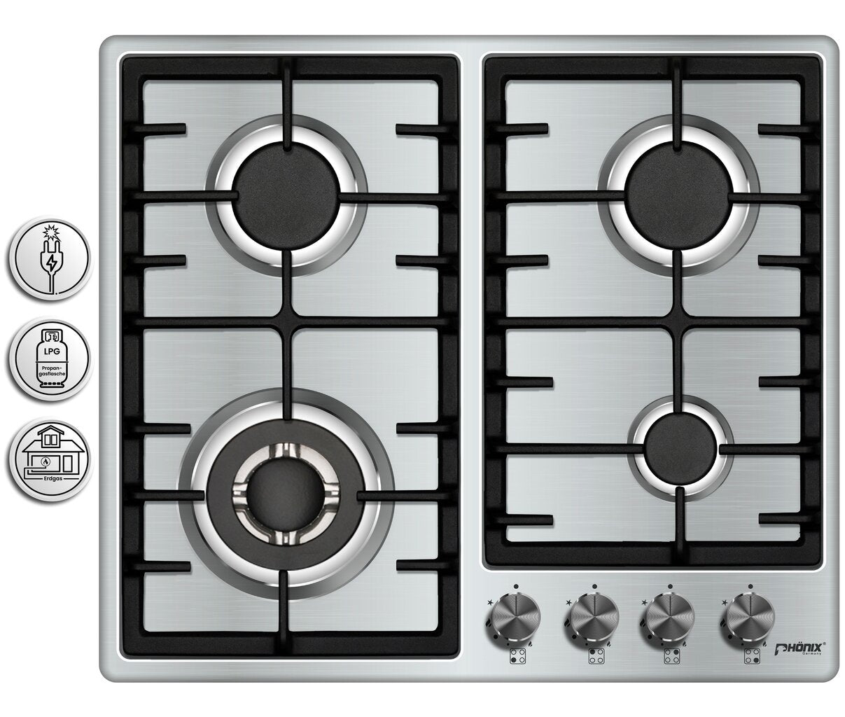 Phönix PS-603T Gaskochfeld 4 flammig Edelstahl Gaskocher Einbauherd