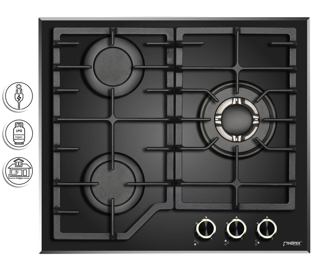 Phönix PG-631T Gaskochfeld 3 flammig Glas Gaskocher Propan /H-Gas +Set