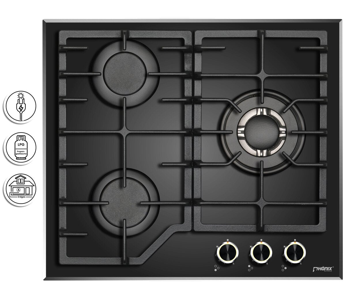 Phönix PG-631T Gaskochfeld 3 flammig Glas Gaskocher Propan /H-Gas +Set