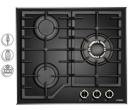 Phönix PG-631T Gaskochfeld 3 flammig Glas Gaskocher Propan /H-Gas +Set