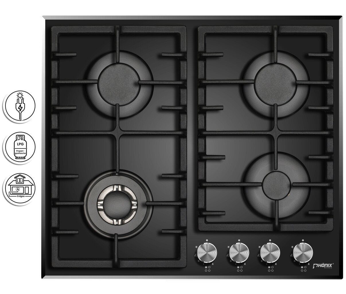 Phönix PG-603T Gaskochfeld 4 flammig Glas Einbauherd Propan /H-Gas