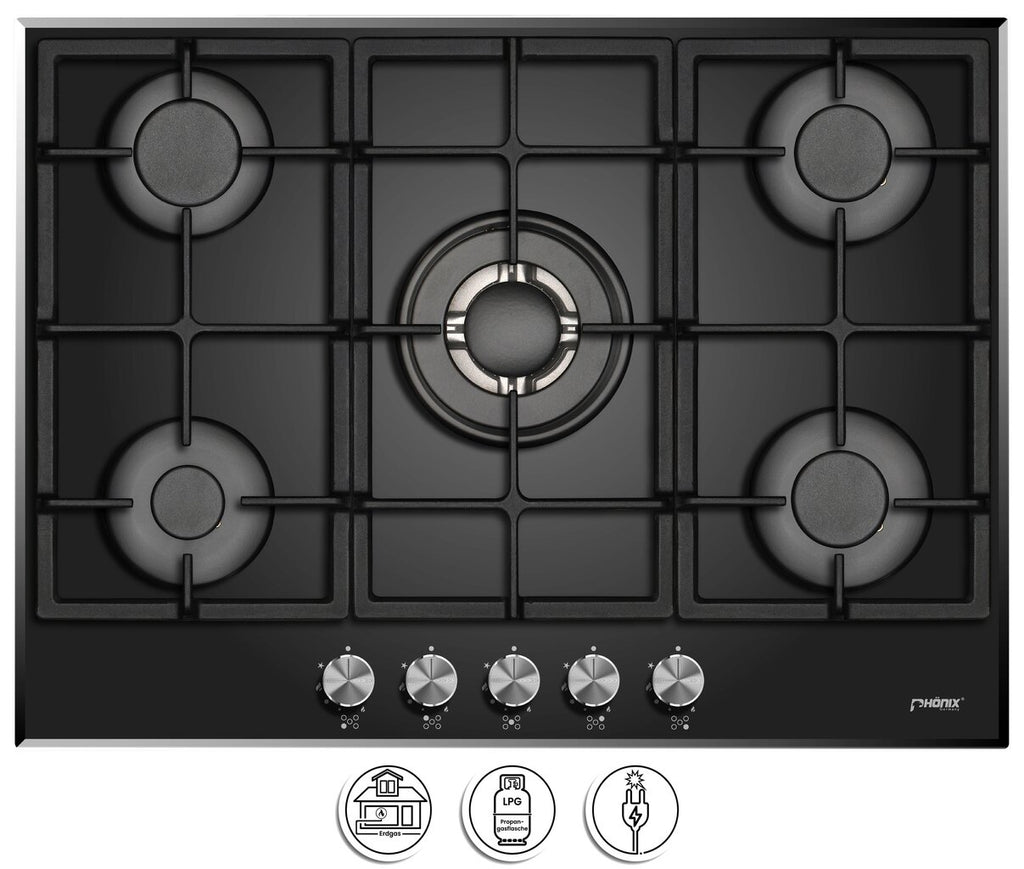 Phönix PG-701T Gaskochfeld 5 flammig Glas Einbauherd LPG /Erdgas