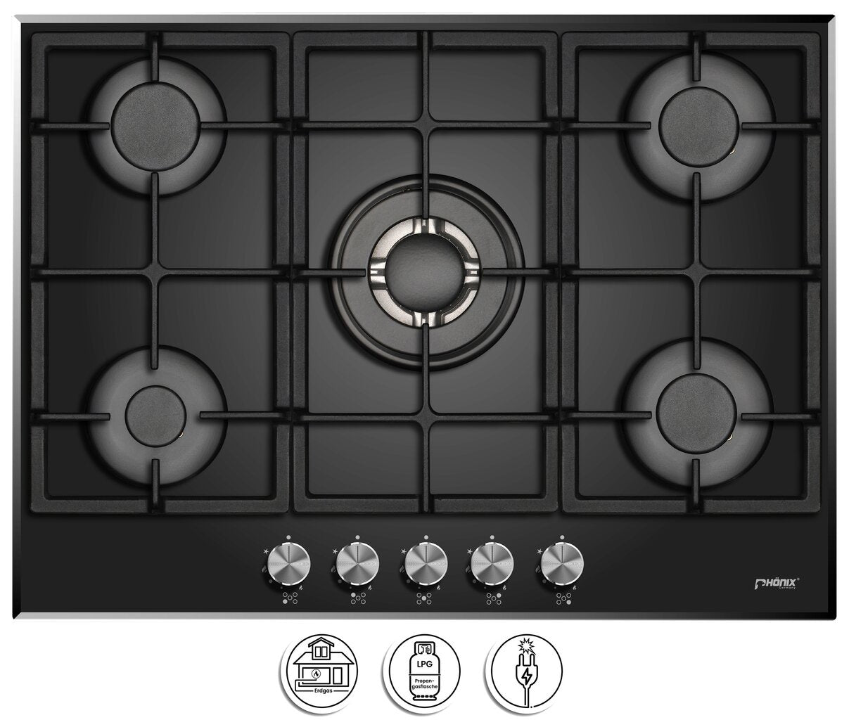Phönix PG-701T Gaskochfeld 5 flammig Glas Einbauherd LPG /Erdgas