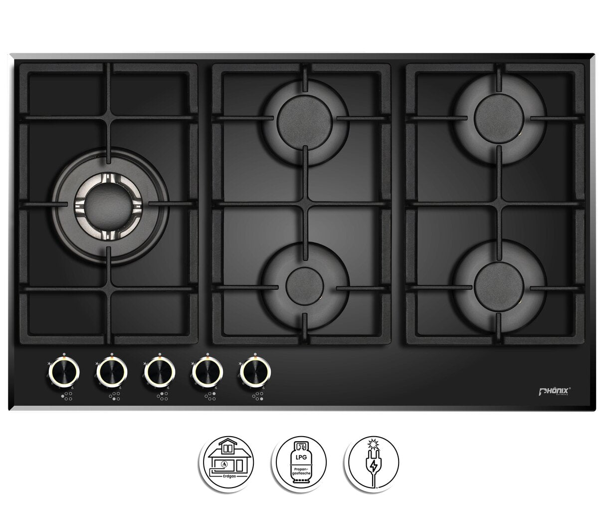 Phönix PG-901LT Gaskochfeld Gaskocher 5 flammig Propan / Erdgas + Set