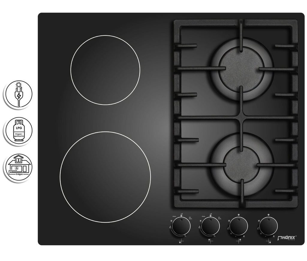 Phönix PG-604ET kombi Gaskochfeld 4 flammig Glaskeramik Kochfeld + Set