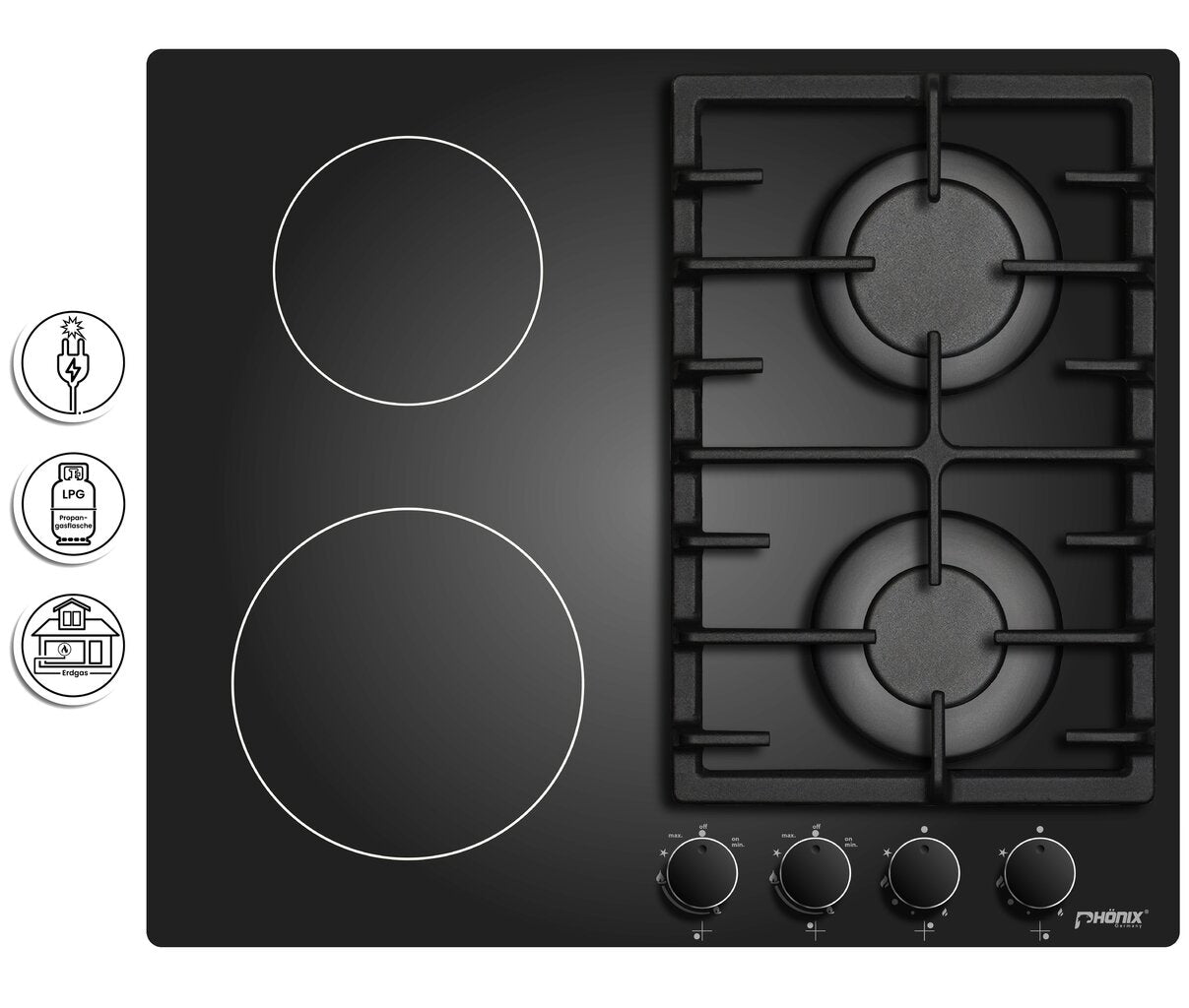 Phönix PG-604ET kombi Gaskochfeld 4 flammig Glaskeramik Kochfeld + Set