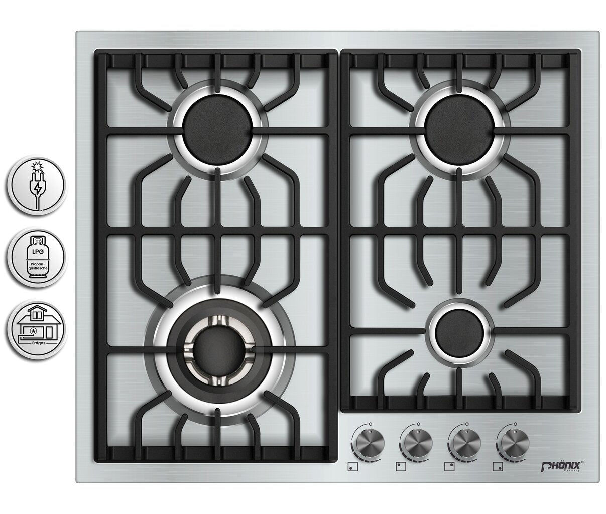 Phönix PS-604L Gaskochfeld 4 flammig Edelstahl Gaskocher Einbauherd