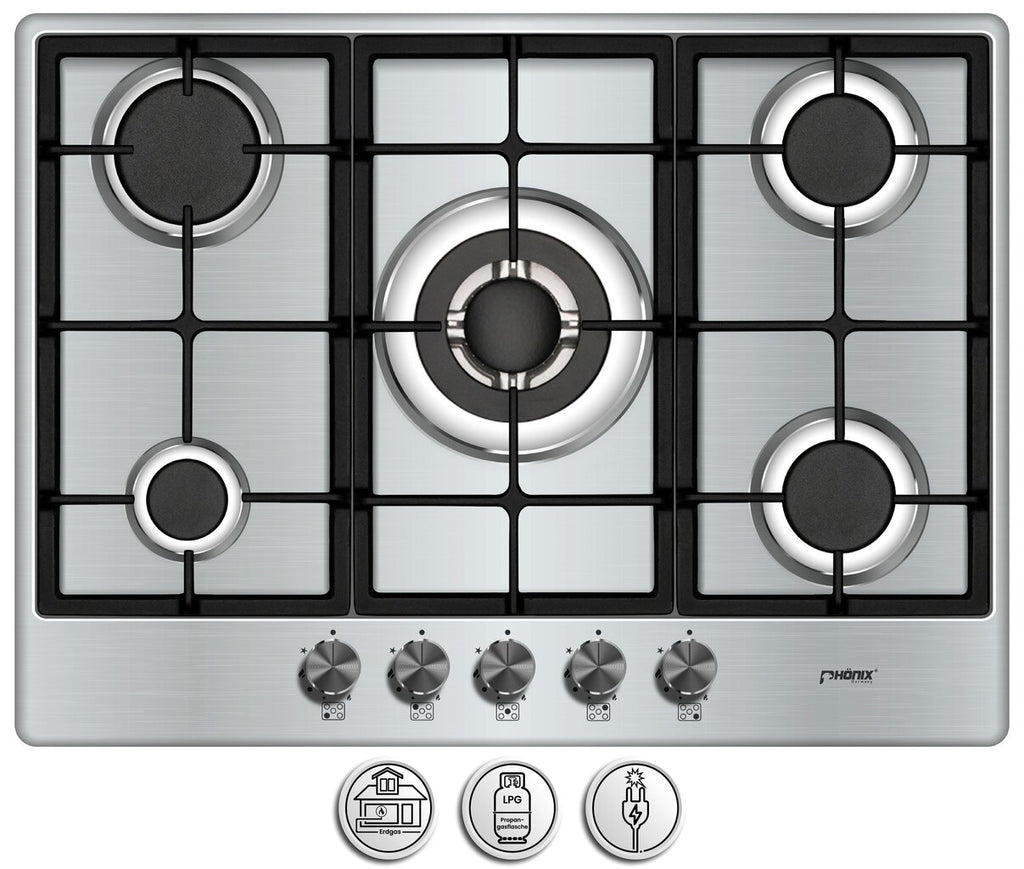 Phönix PS-701T Gaskochfeld 5 flammig Edelstahl Propan /H-Gas