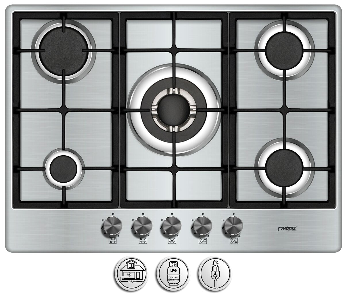 Phönix PS-701T Gaskochfeld 5 flammig Edelstahl Propan /H-Gas